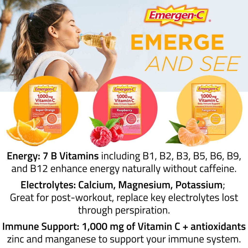 Emergen-C 1000mg Vitamin C Powder for Daily Immune Support 30 Packets (Orange/Raspberry/Tangerine)