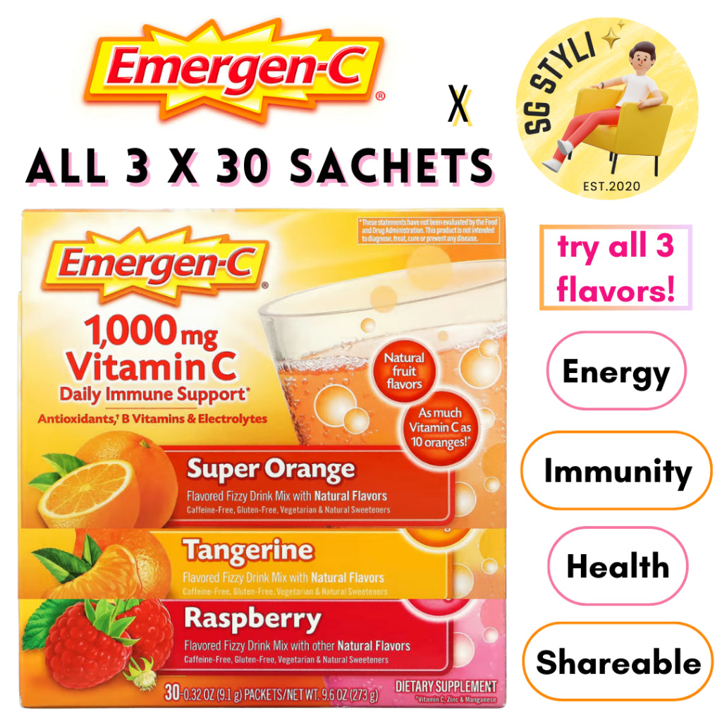 Emergen-C 1000mg Vitamin C Powder for Daily Immune Support 30 Packets (Orange/Raspberry/Tangerine)