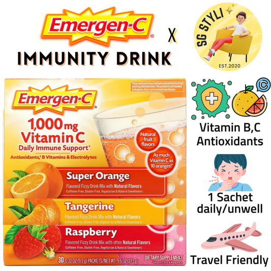 Emergen-C 1000mg Vitamin C Powder for Daily Immune Support 30 Packets (Orange/Raspberry/Tangerine)