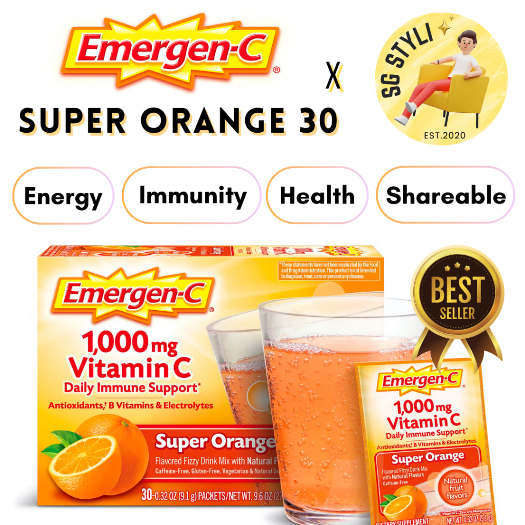 Emergen-C 1000mg Vitamin C Powder for Daily Immune Support 30 Packets (Orange/Raspberry/Tangerine)