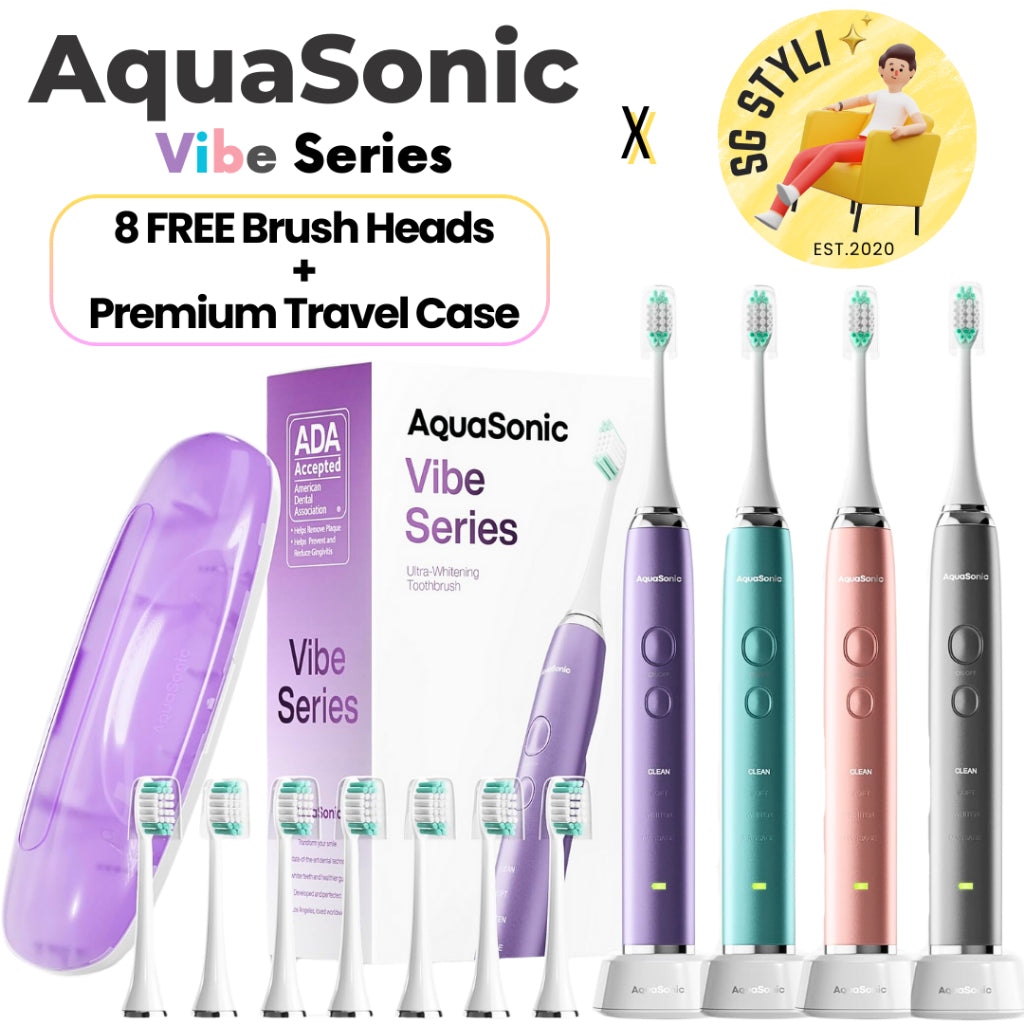 Aquasonic Vibe Series Sonic Toothbrush Ultra Whitening 8 Brush Heads & Travel Case (ADA Accepted)