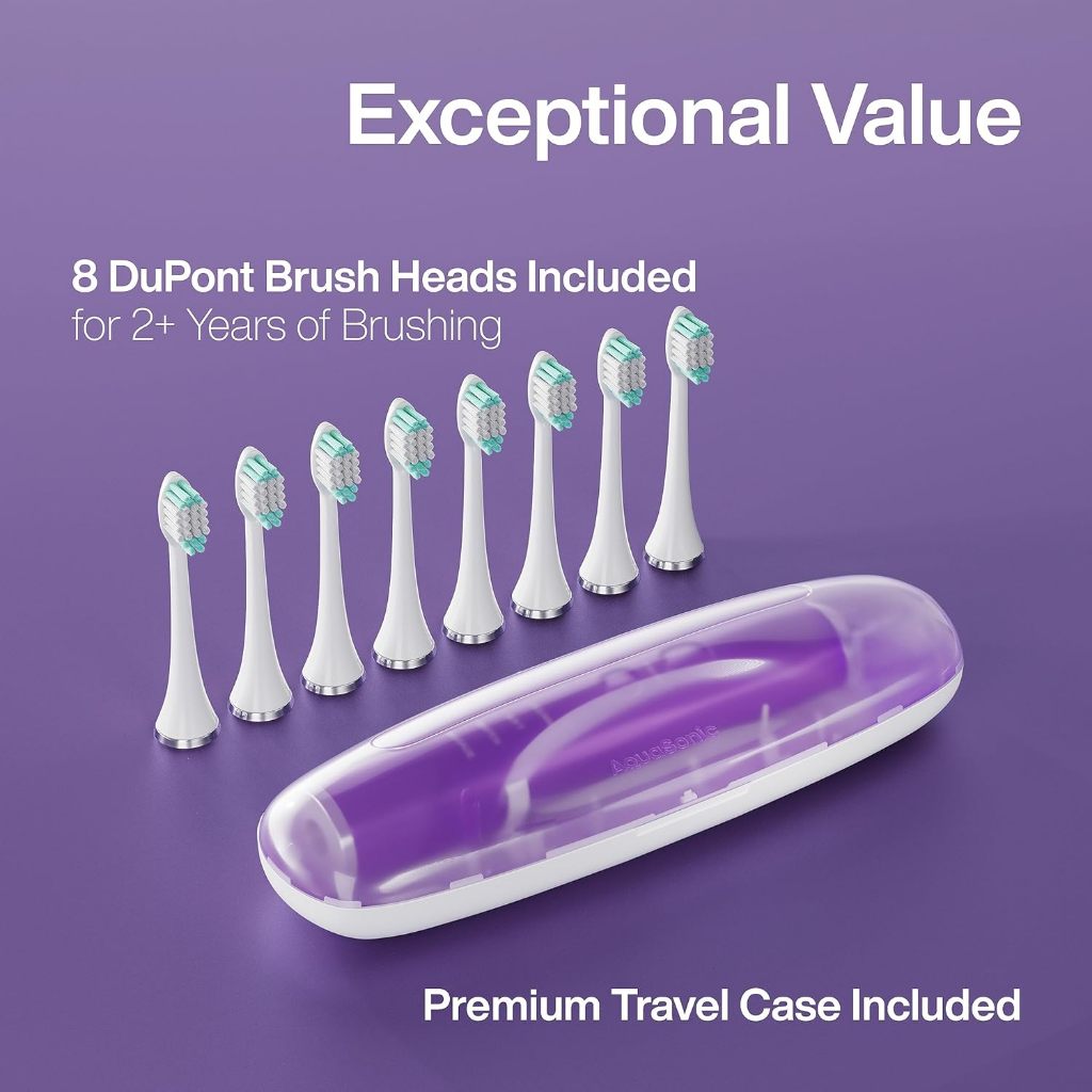 Aquasonic Vibe Series Sonic Toothbrush Ultra Whitening 8 Brush Heads & Travel Case (ADA Accepted)