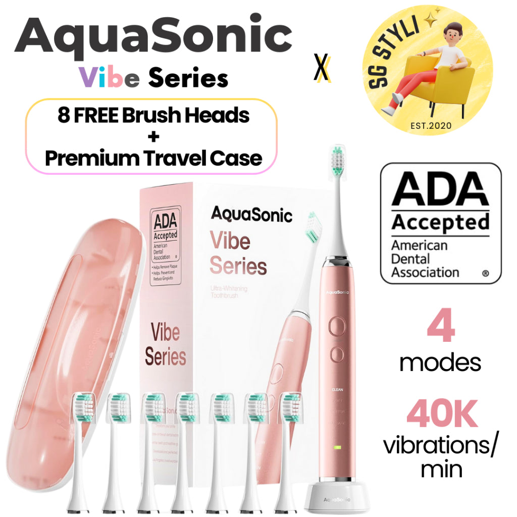 Aquasonic Vibe Series Sonic Toothbrush Ultra Whitening 8 Brush Heads & Travel Case (ADA Accepted)