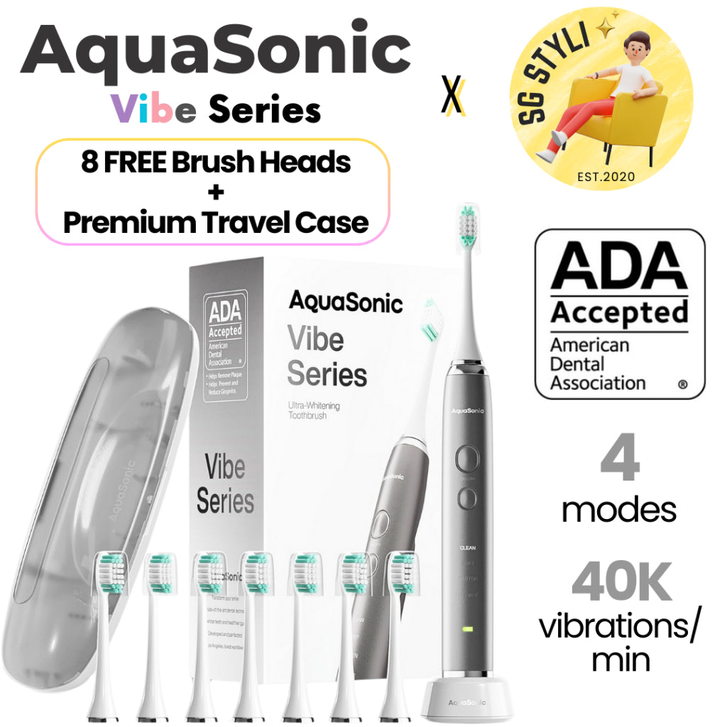 Aquasonic Vibe Series Sonic Toothbrush Ultra Whitening 8 Brush Heads & Travel Case (ADA Accepted)