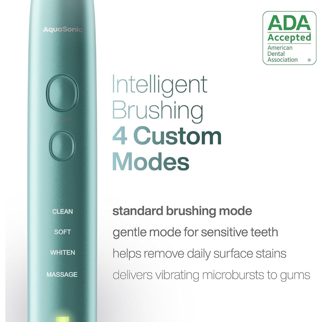 Aquasonic Vibe Series Sonic Toothbrush Ultra Whitening 8 Brush Heads & Travel Case (ADA Accepted)