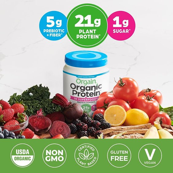 Orgain Organic Vegan Protein Powder + Probiotics Prebiotics Fibre + Superfoods