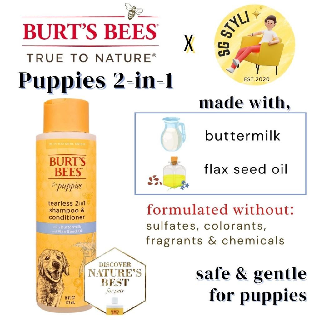 Burt's Bees for Pets Dog Puppies Shampoo Conditioner Spray Brush Essentials, Gentle & Safe pH Neutral